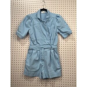 Womens Blue Romper S Puff Sleeve Utility Short Jumpsuit Belted Casual Outfit